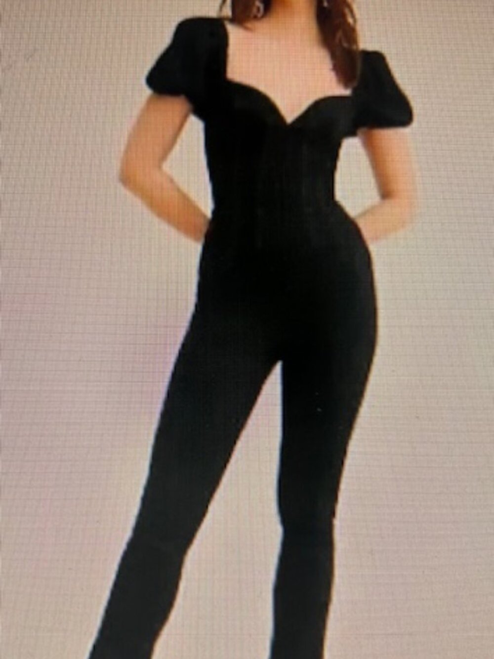 Free People Moondance Stretch Black Denim Sweetheart Neck Puff Sleeve Jumpsuit